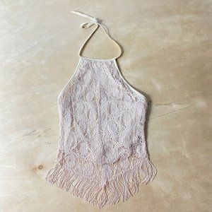 Beige Tan Halter Top Open Back Front Fringe Laced Top Women's S